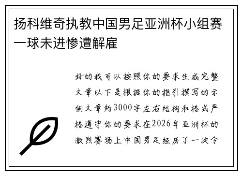 扬科维奇执教中国男足亚洲杯小组赛一球未进惨遭解雇